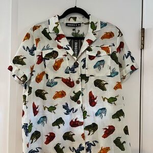 Dangerfield White Short Sleeve Button-Down Shirt with Multicolor Frog Print NWT